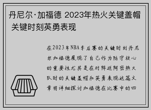 丹尼尔·加福德 2023年热火关键盖帽 关键时刻英勇表现