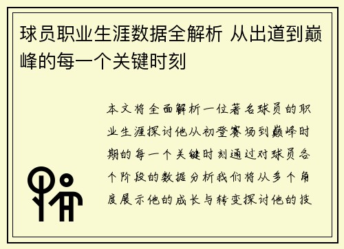 球员职业生涯数据全解析 从出道到巅峰的每一个关键时刻