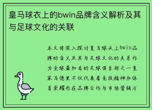 皇马球衣上的bwin品牌含义解析及其与足球文化的关联